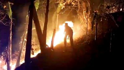 Bersama Relawan dan Petugas Gabungan, Polsek Salaman Padamkan Api di Bukit Sigandul